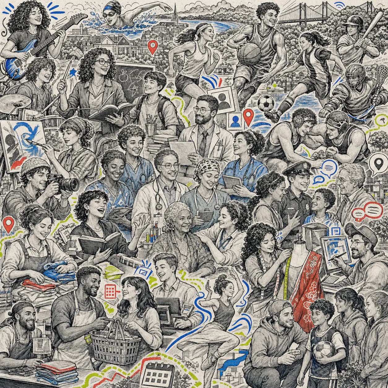 An illustrated Rockland community of workers, athletes, creatives, and neighbors