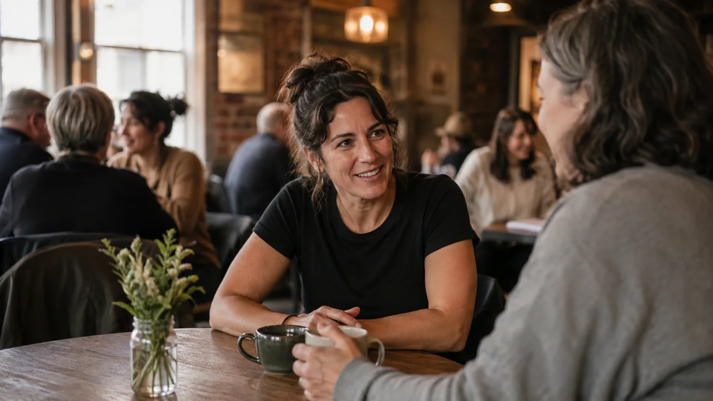 Local group organizer talking with a neighbor at a community meetup