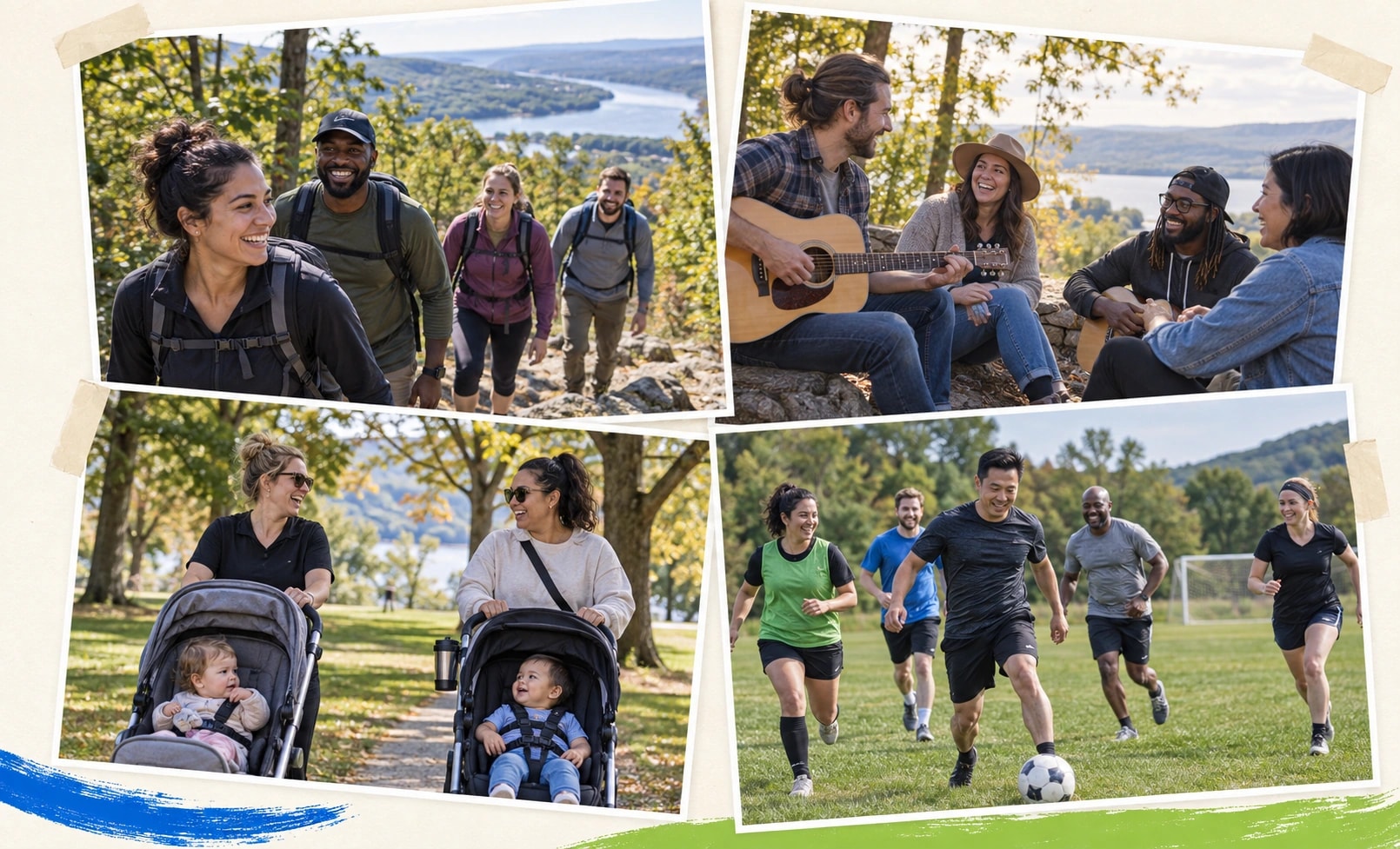 Rockland neighbors hiking, talking, playing music, and meeting through local groups