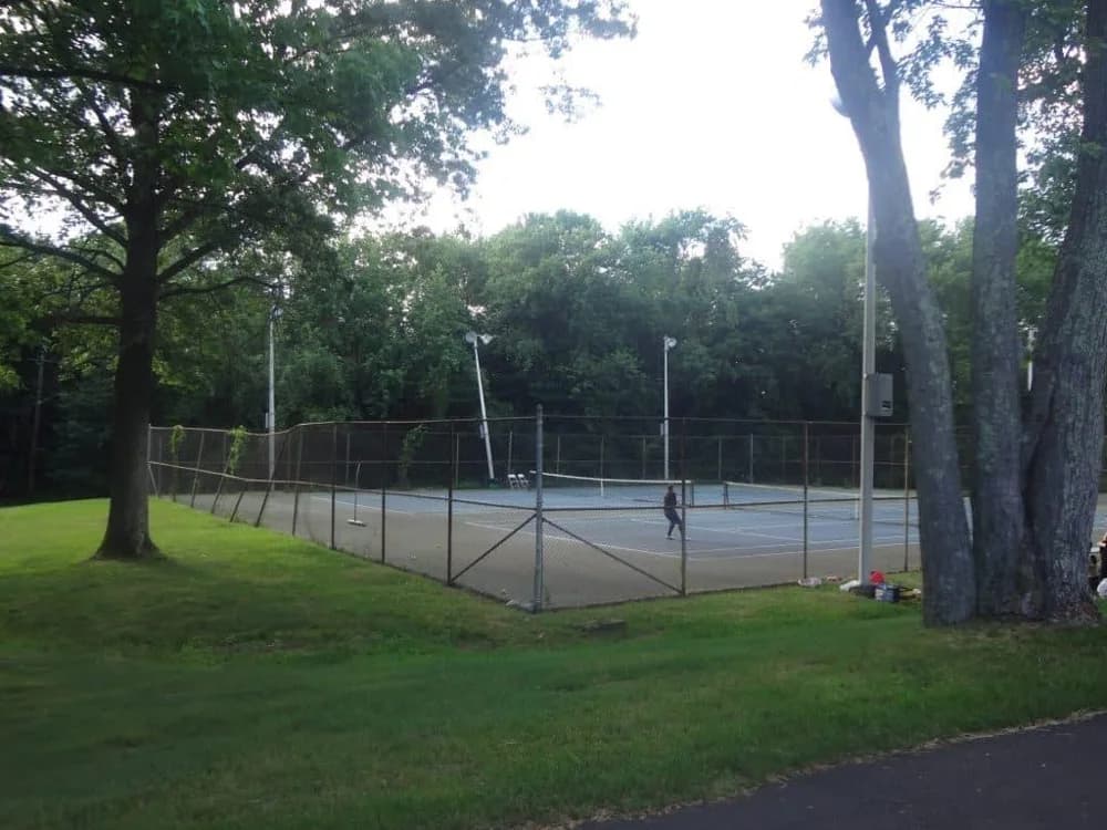 Fenced outdoor tennis courts surrounded by trees at Manny Weldler Park