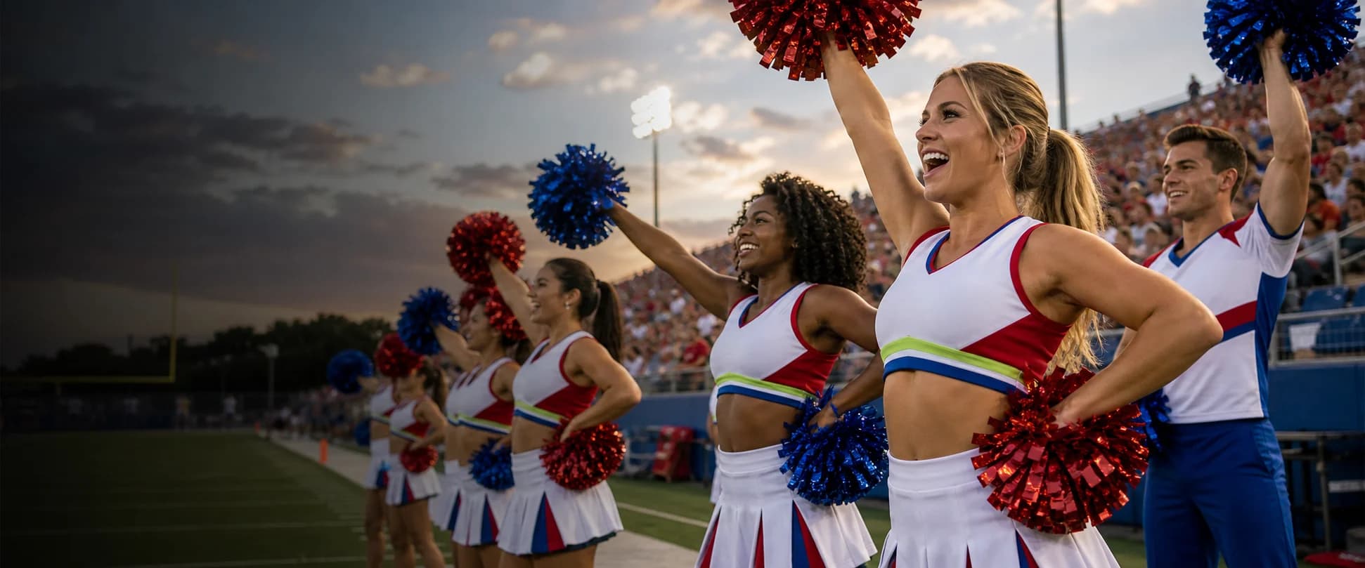An adult cheerleading squad energizing the crowd from the stadium sideline