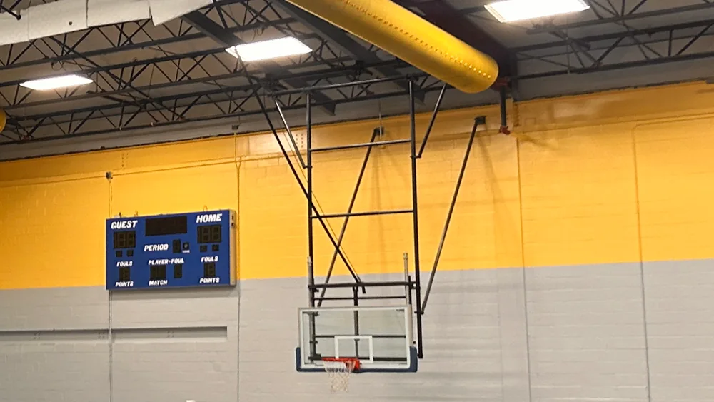 Basketball hoop inside the Eisenkraft Gymnasium at Lewis JCC