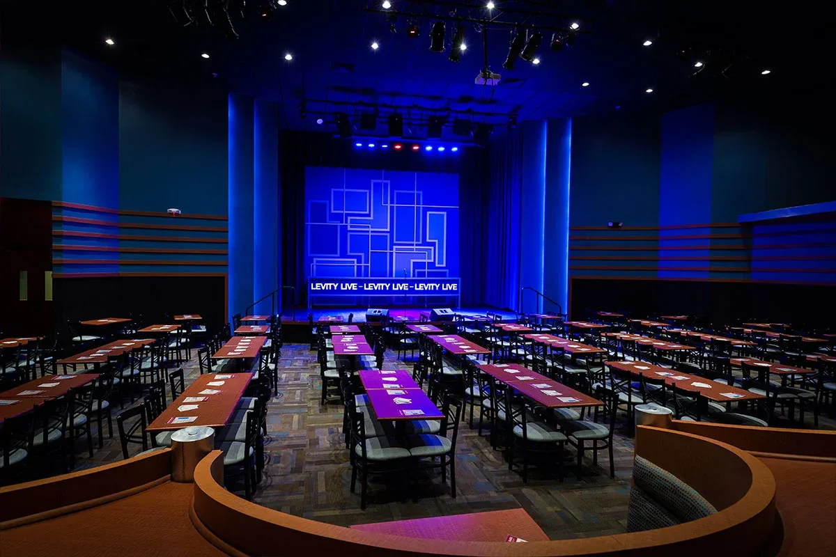 Comedian performing on stage at Levity Live