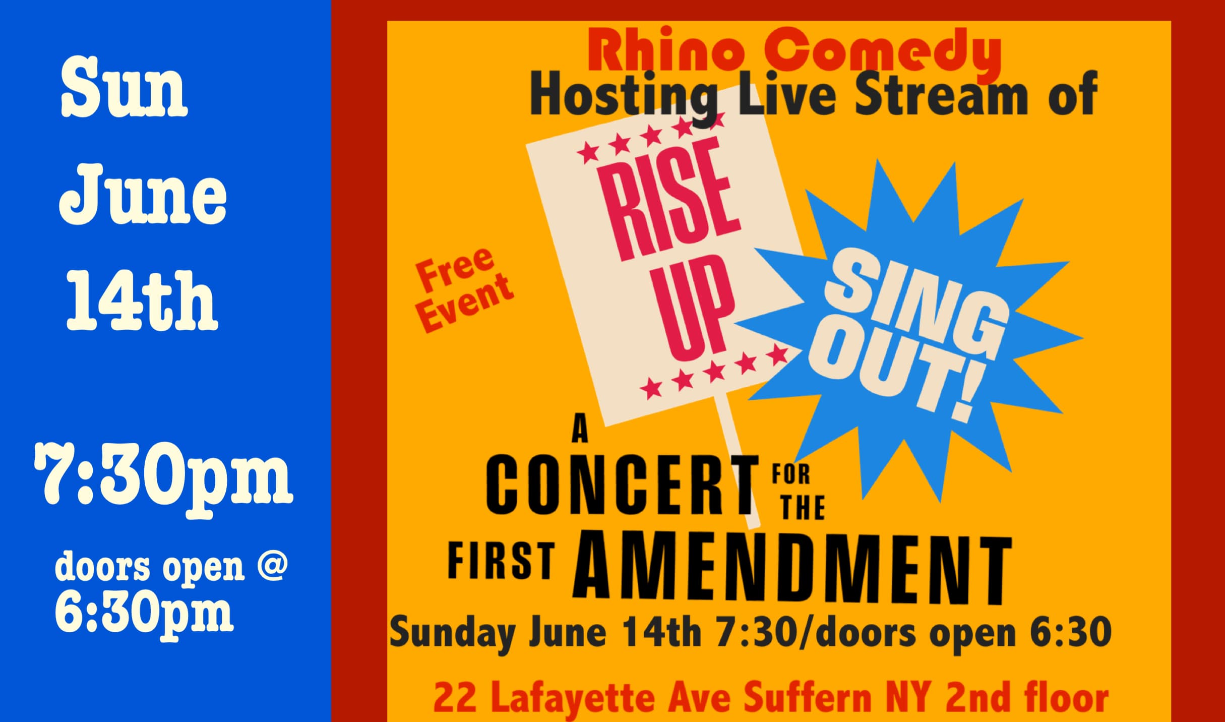 Sun June 14th Watch Party - No Kings - Rise Up Sing Out Concert at Town Hall 7:30pm