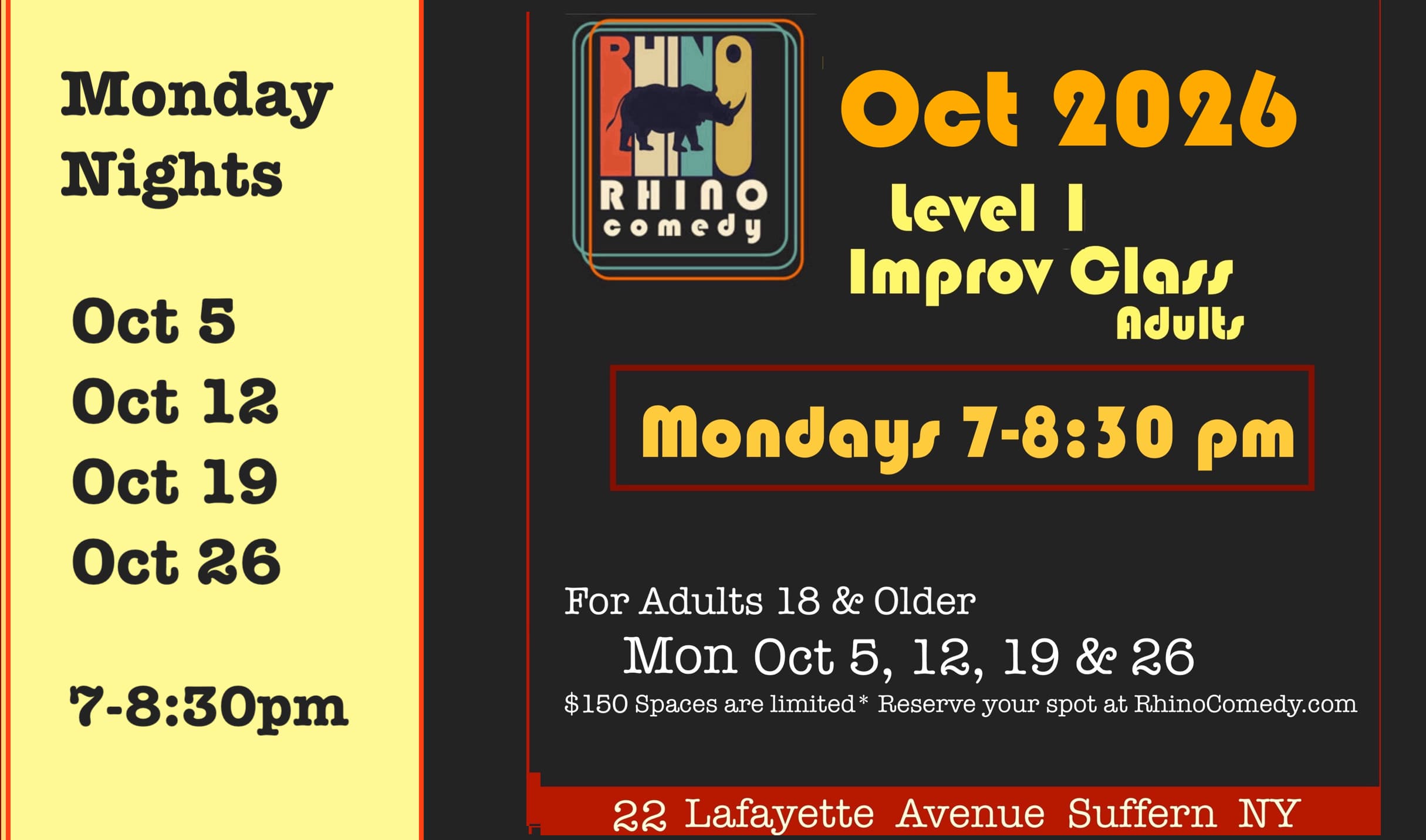 October 2026 Level One Improv Class Mondays 7-8:30pm class image