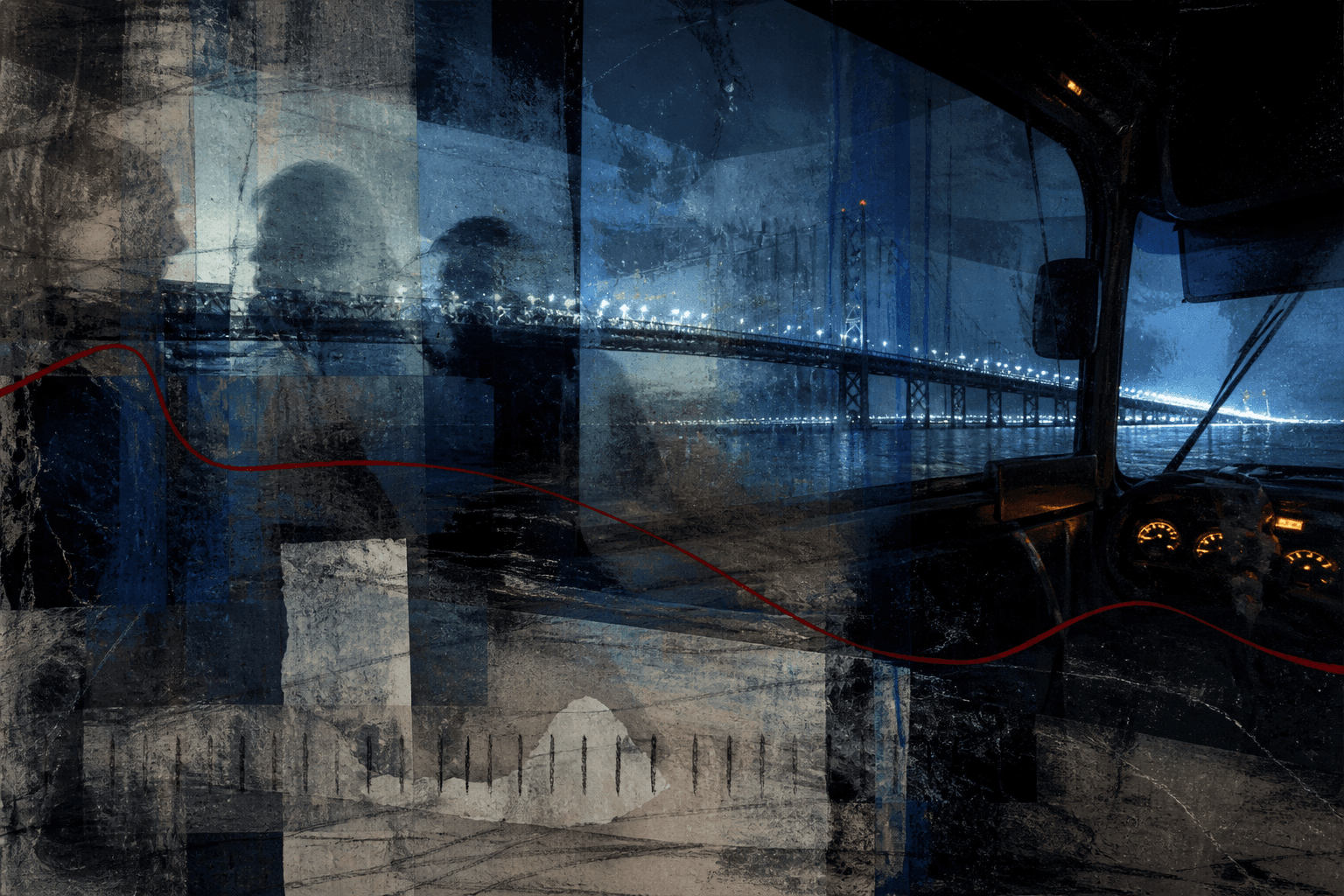 Reflections, repeated bridge lights, and the route home before sunrise.
