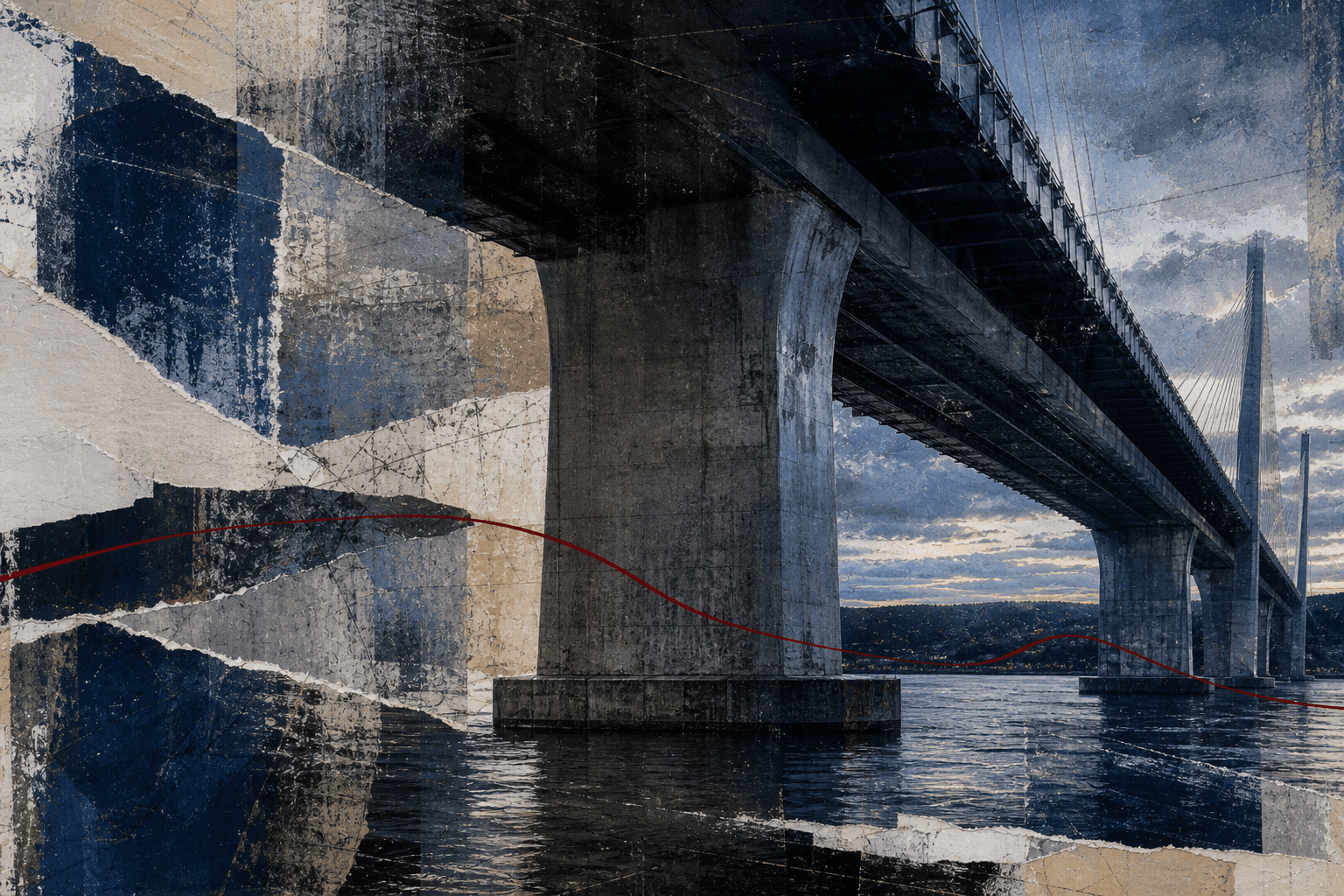 Concrete, current, and the weight of the crossing seen from river level.